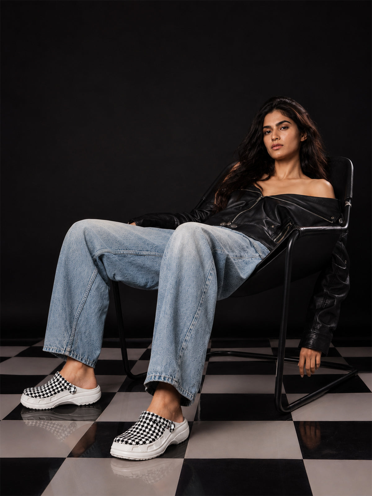 Black & White Chess Pattern Clogs for Women | Stylish Slip-On Casual Shoes