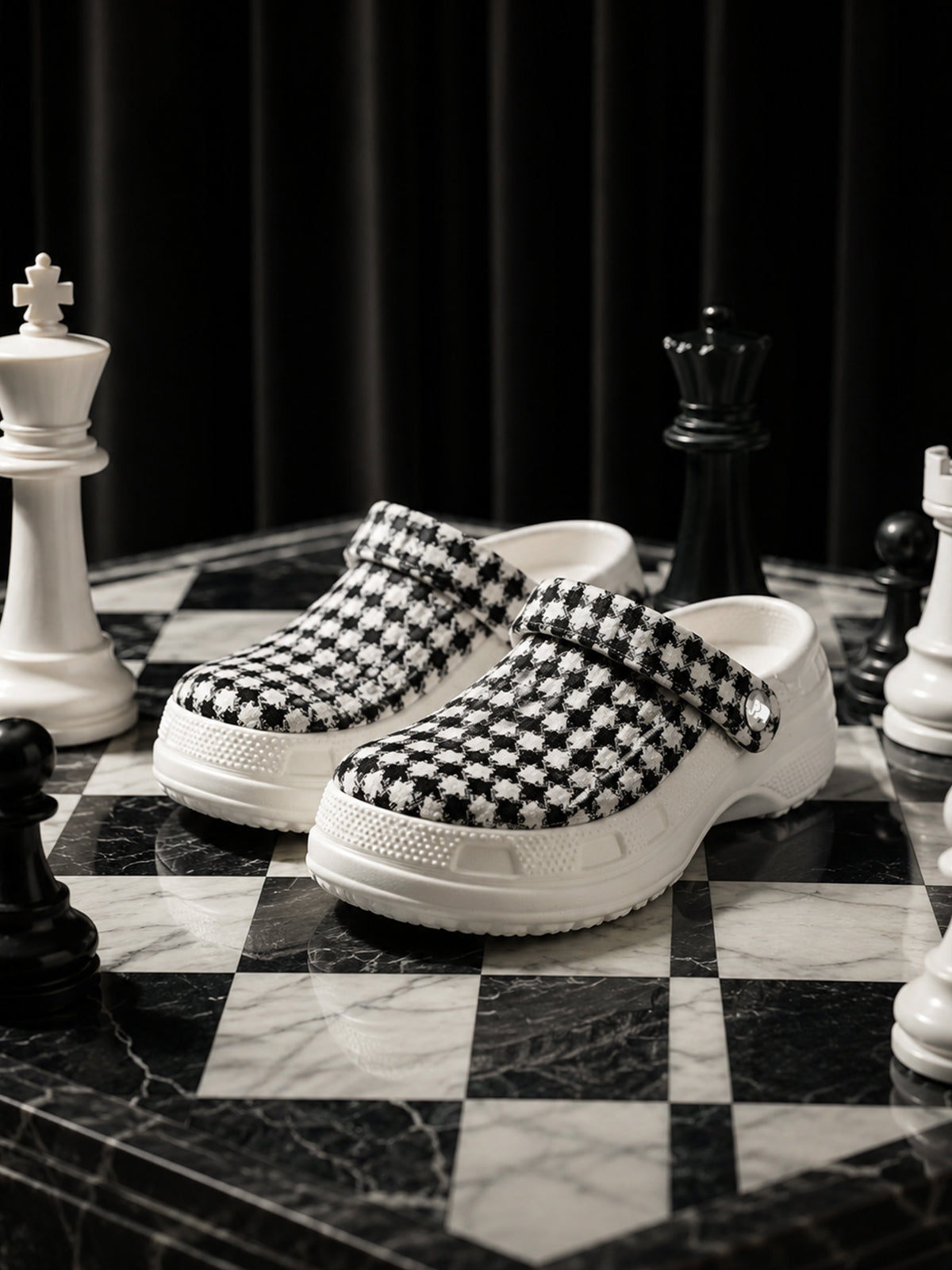 Black & White Chess Pattern Clogs for Women | Stylish Slip-On Casual Shoes