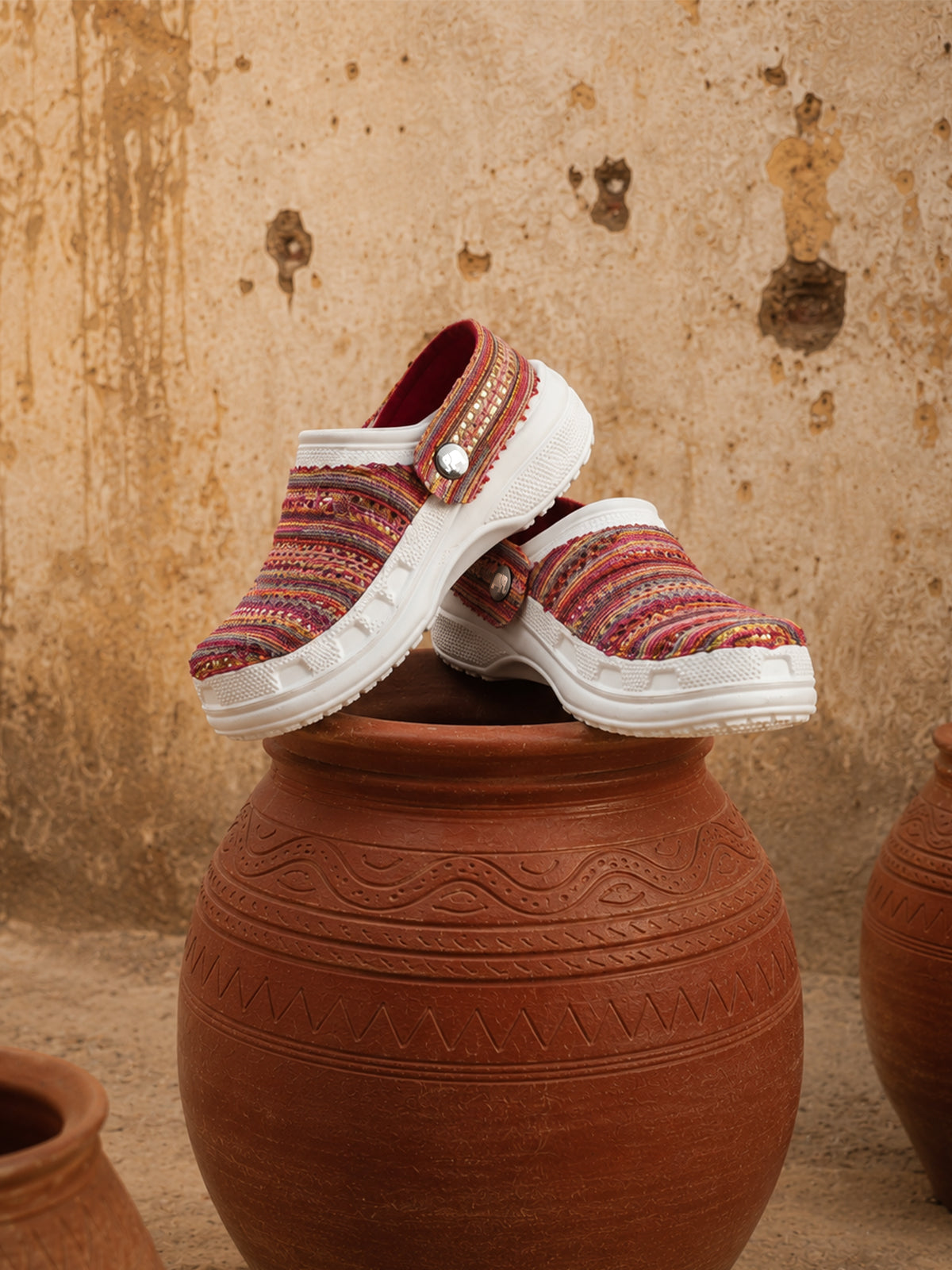 Multicolor Woven Clogs for Women | Stylish Slip-On Casual Shoes with Textured Fabric Design