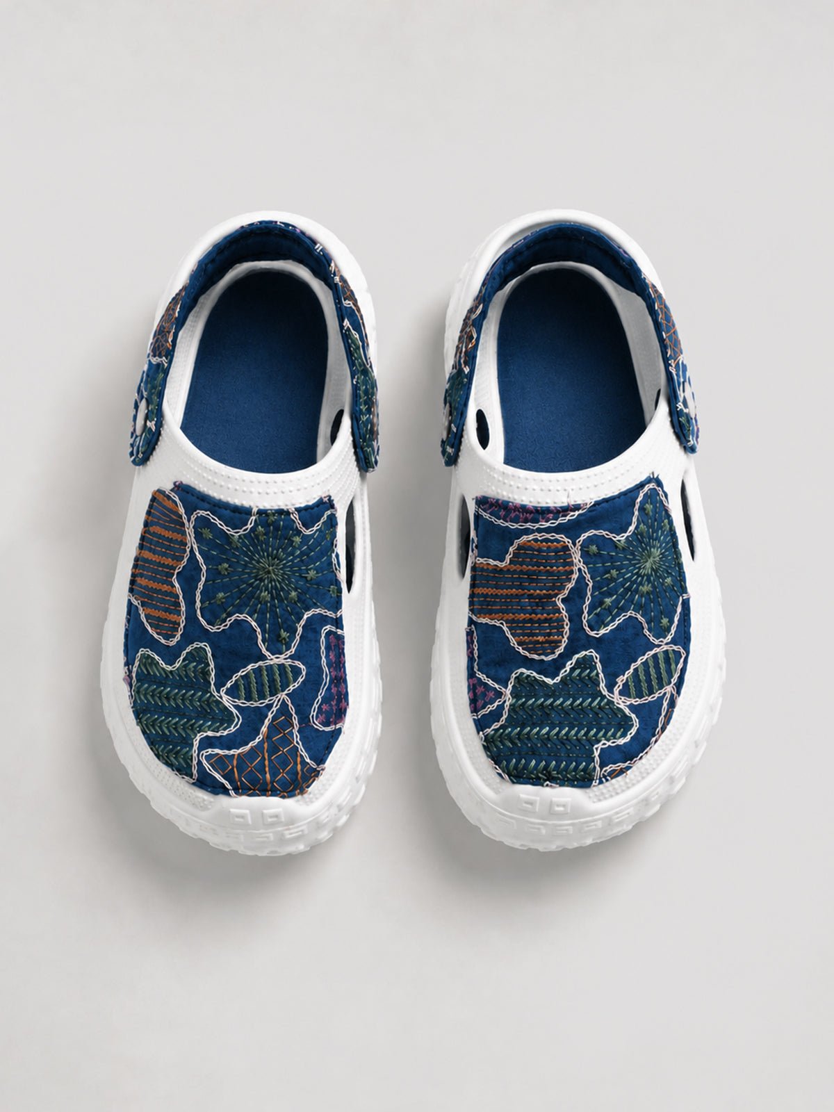 Blue Patchwork Clogs for Women | Stylish Casual Slip-On Shoes with Printed Fabric Design - Solaworld.in