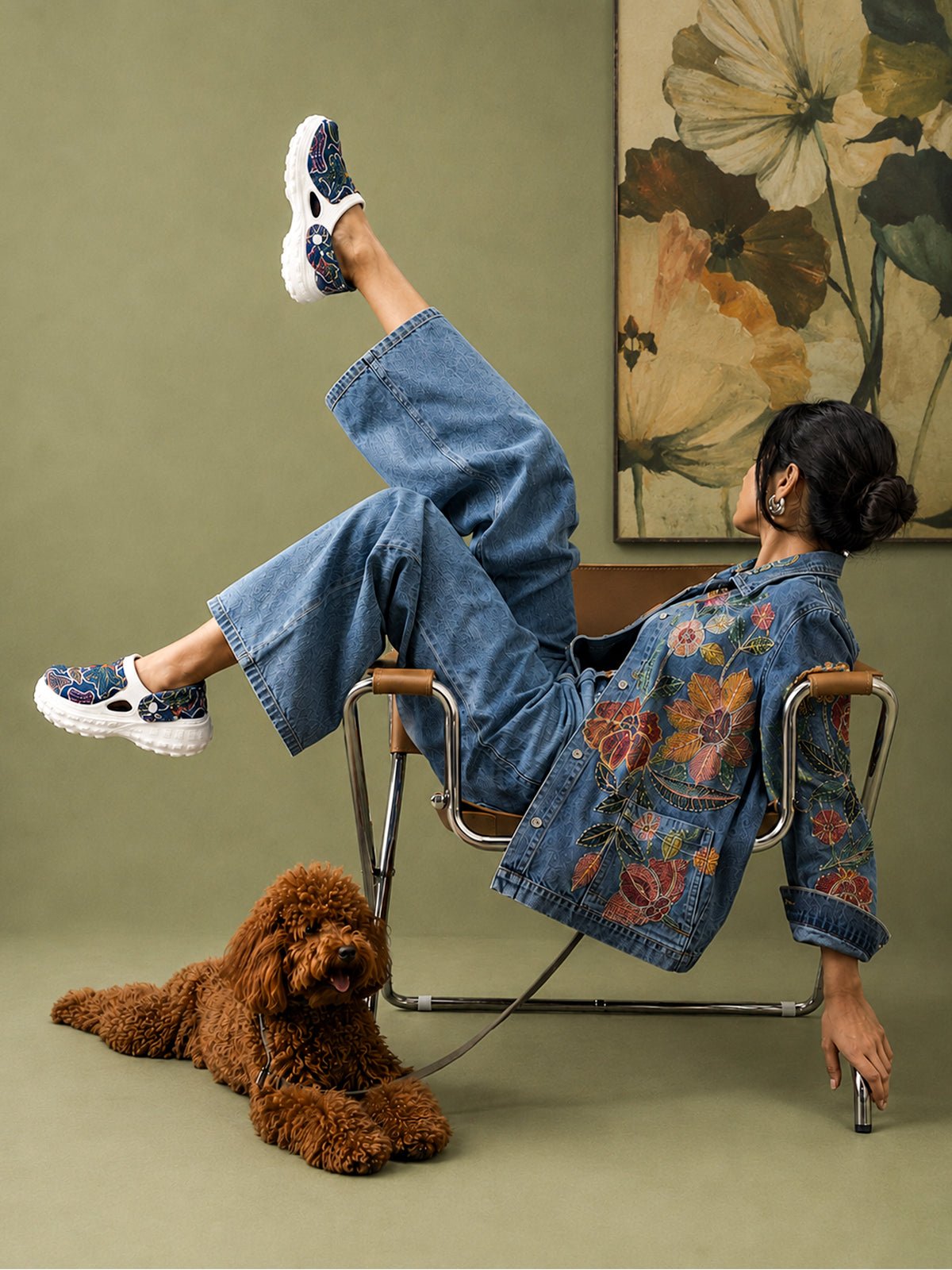 Blue Patchwork Clogs for Women | Stylish Casual Slip-On Shoes with Printed Fabric Design - Solaworld.in
