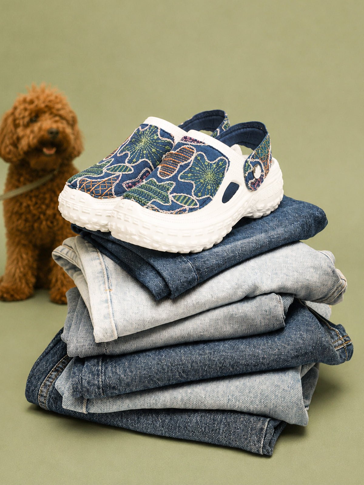 Blue Patchwork Clogs for Women | Stylish Casual Slip-On Shoes with Printed Fabric Design - Solaworld.in